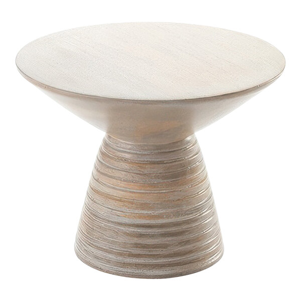 An American Metalcraft round sun-bleached mango wood pedestal on a white table.