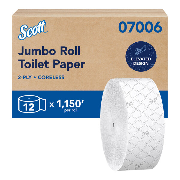 A case of Scott Essential coreless 2-ply jumbo toilet paper rolls, each roll measuring 1,150 feet and 9 inches in diameter, with 12 rolls per case.