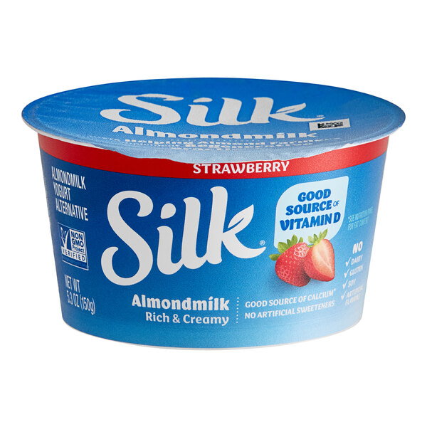 A blue and white container of Silk Dairy-Free Strawberry Almond Milk Yogurt Alternative.