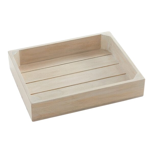 An American Metalcraft sun-bleached mango wood crate with a handle on a table.