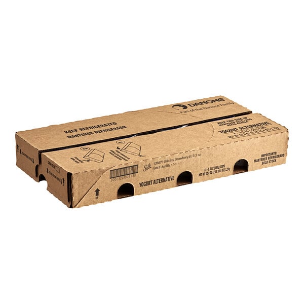 A close-up of a Silk Dairy-Free Strawberry Soymilk Yogurt Alternative box with holes in the top.