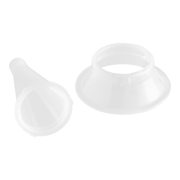 A white plastic 3/8-inch grinder stuffing tube with a flange and funnel set for #22 meat grinders.