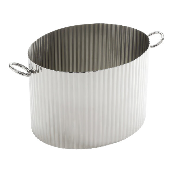 A silver fluted stainless steel beverage tub with two handles.
