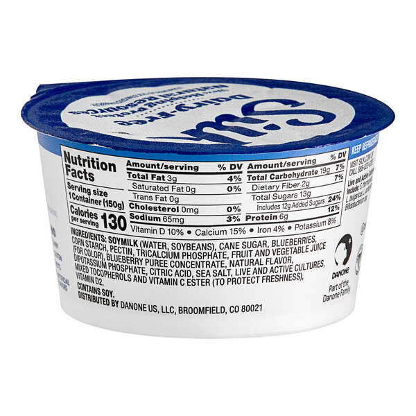 A Silk Dairy-Free Blueberry Soymilk Yogurt Alternative container with a white lid.