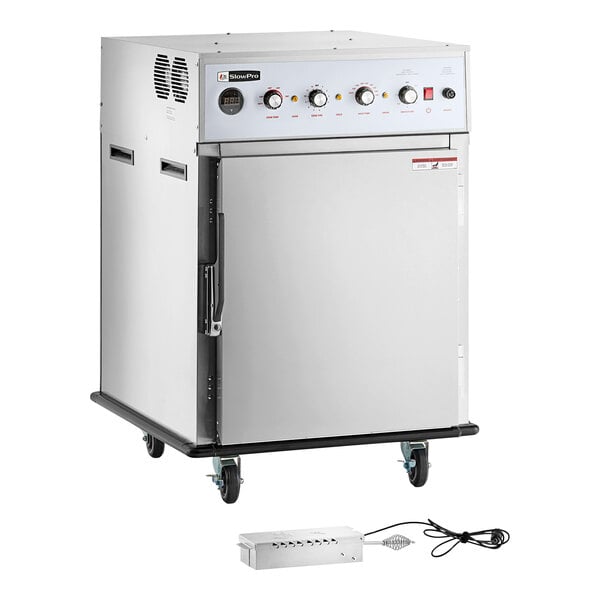 A stainless steel undercounter cook and hold smoker oven with control knobs, a front door, and a separate smoker box attachment.