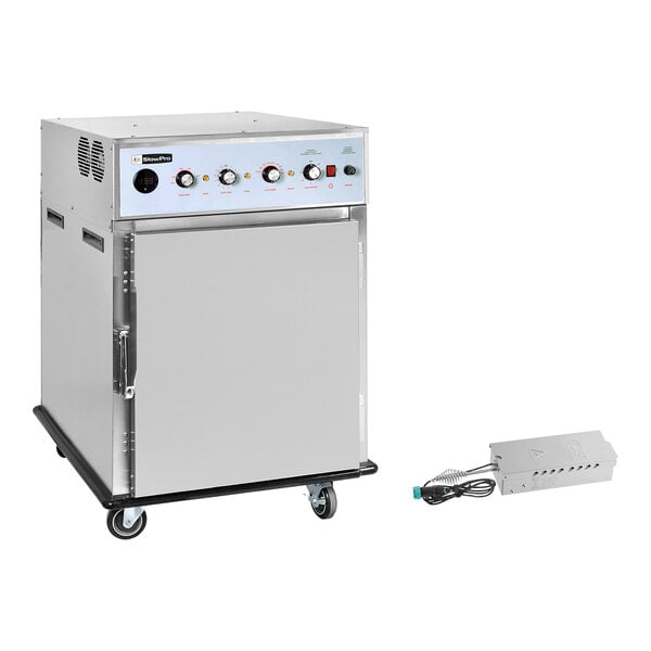A stainless steel undercounter cook and hold smoker oven with control knobs, a front door, casters, and a separate smoker box with a power cord.