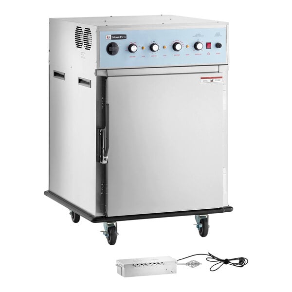 A stainless steel cook and hold smoker oven with control knobs, a front door, caster wheels, and a separate smoker box with a power cord.