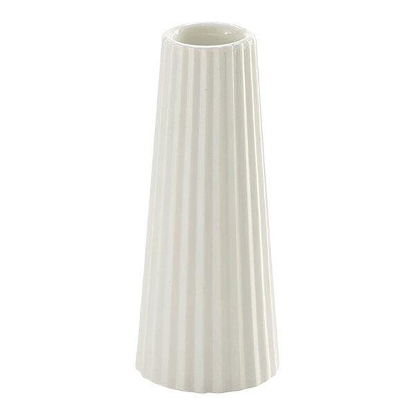 An American Metalcraft white fluted ceramic bud vase with a straight neck.