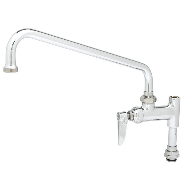 A silver T&S add-on nozzle for a pre-rinse faucet with a long spout.