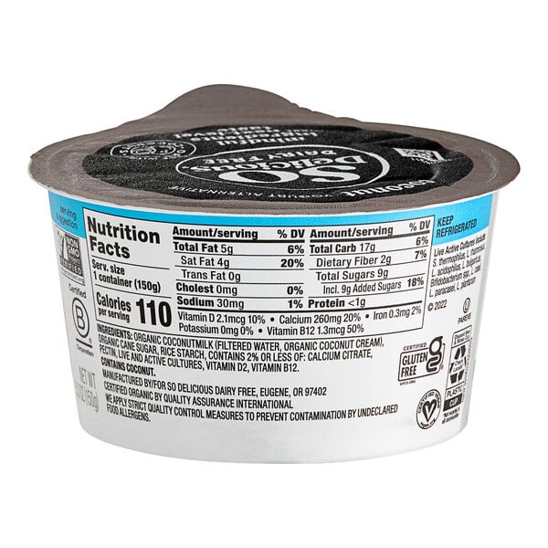 A So Delicious Dairy-Free Plain Coconut Milk Yogurt Alternative container with black text on a white background.