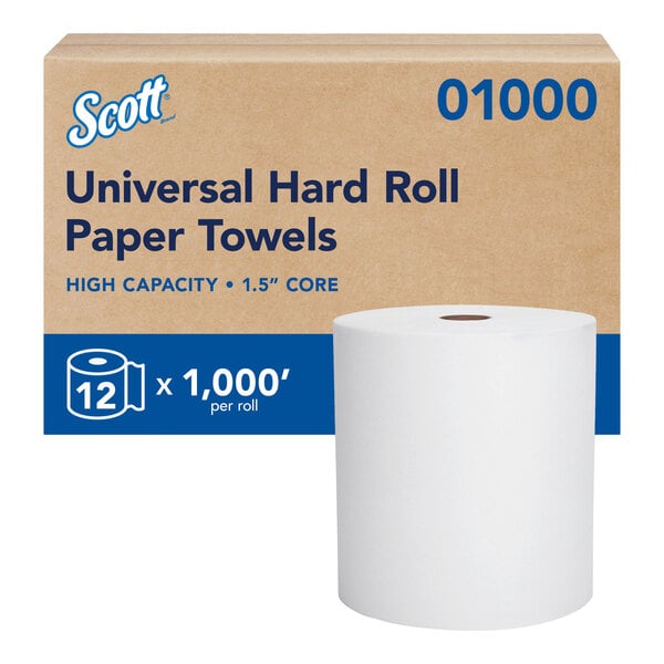 A case of Scott Essential 8-inch hard roll paper towels with one roll shown in front.