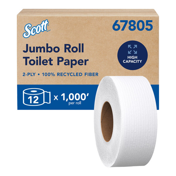 Scott® Essential 1,000' 100% Recycled 2-Ply Jumbo Toilet Paper Roll with 8" Diameter - 12/Case