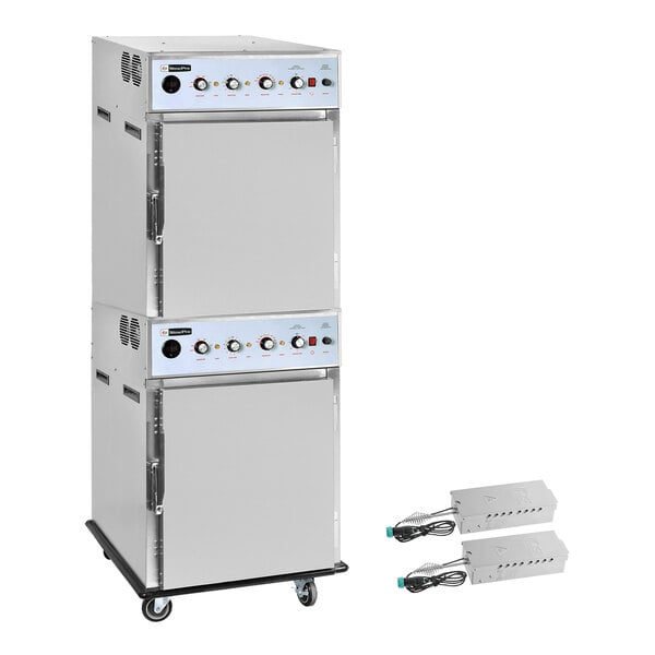 A stack of two silver Cooking Performance Group SlowPro cook and hold smoker ovens with wheels.