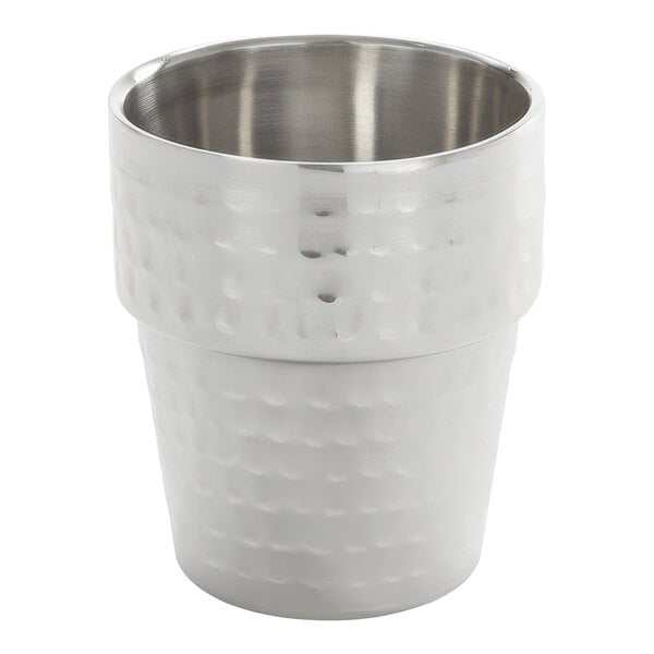 An American Metalcraft stainless steel French fry cup with a hammered texture.