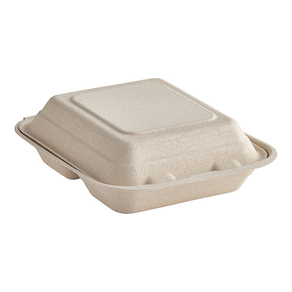 A Dart ProPlanet compostable fiber hinged take-out container with 3 compartments.