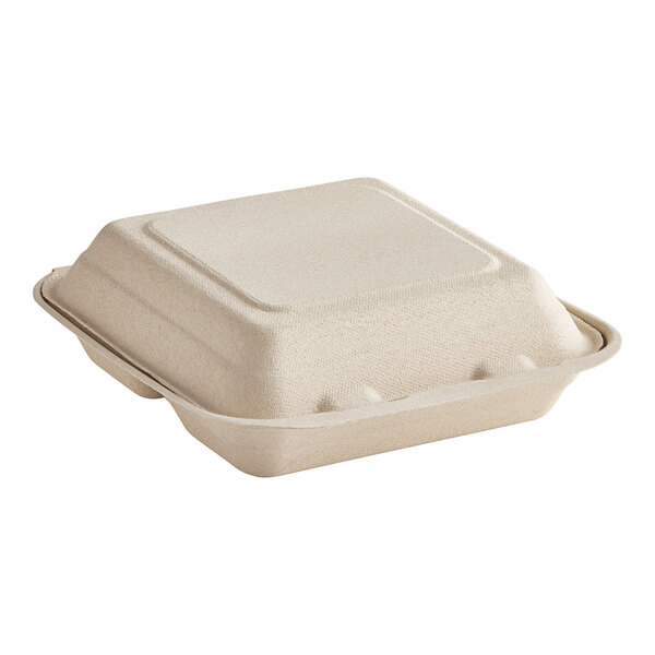 A white Dart ProPlanet compostable fiber hinged take-out container with 3 compartments and a lid.