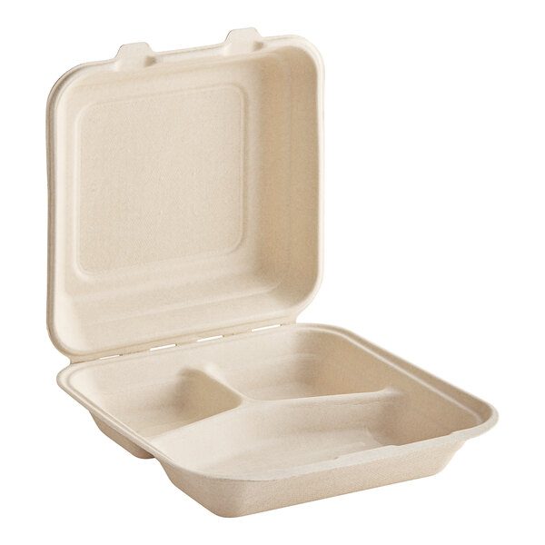A white fiber container with three compartments and a lid.