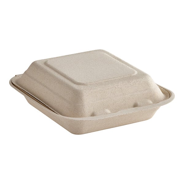 A Dart ProPlanet compostable fiber hinged take-out container with a lid.