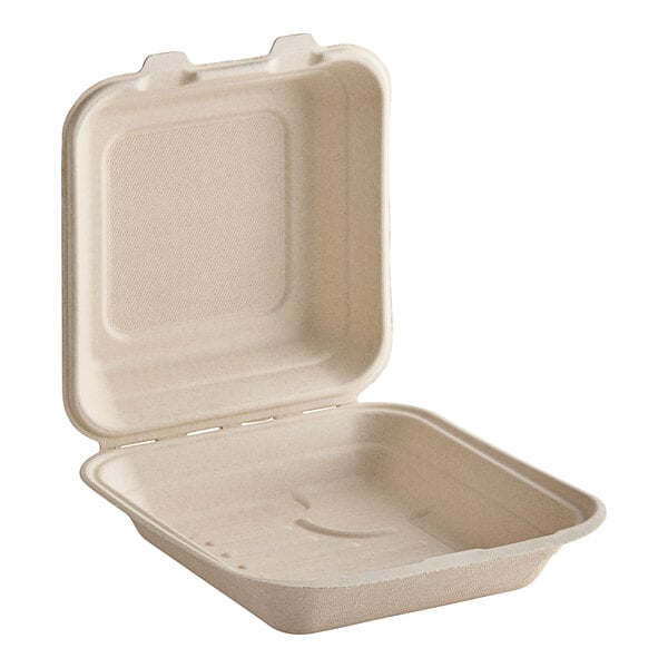 A Dart ProPlanet compostable fiber take-out container with a hinged lid.