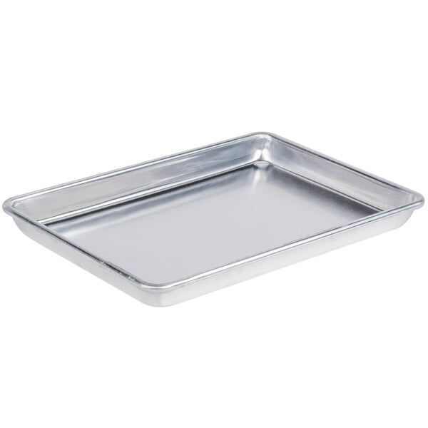 A silver rectangular Choice aluminum baking tray with a wire rim.