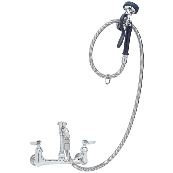 A T&S wall mount spray unit with a hose and faucet.