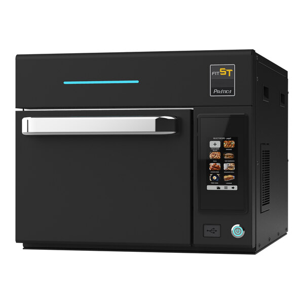 A black Pratica Fit ST high-speed oven with blue buttons.