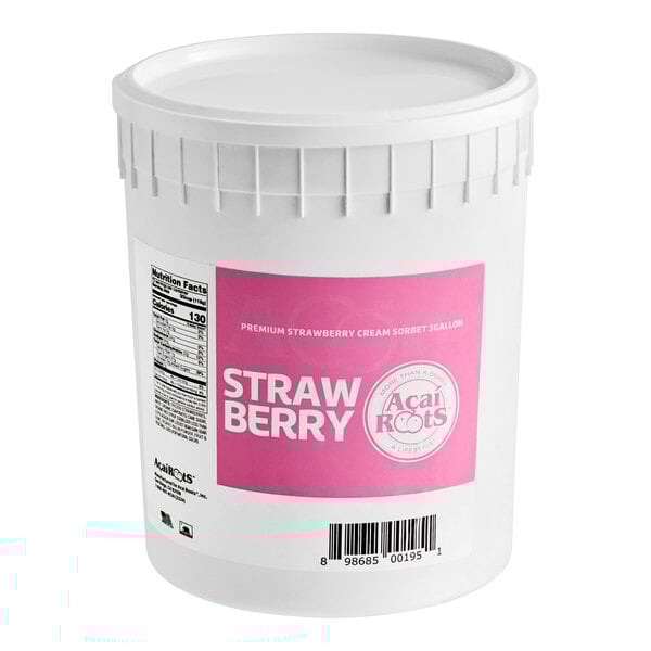 A white bucket of Acai Roots Strawberry Cream Sorbet with a pink label.