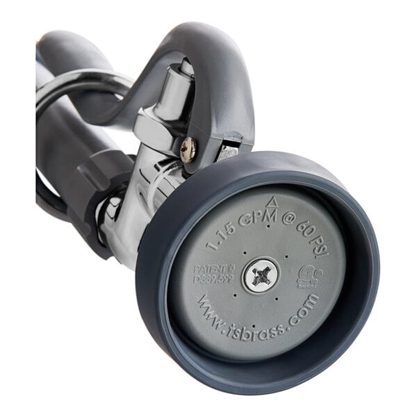 A close up of a T&S pre-rinse faucet hose with nozzle.