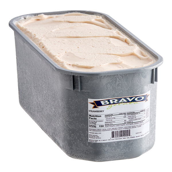 A white Bravo Strawberry Gelato container with a lid on it.
