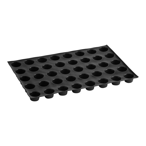 A black Sasa Demarle silicone mini muffin mold tray with 40 2" cavities.