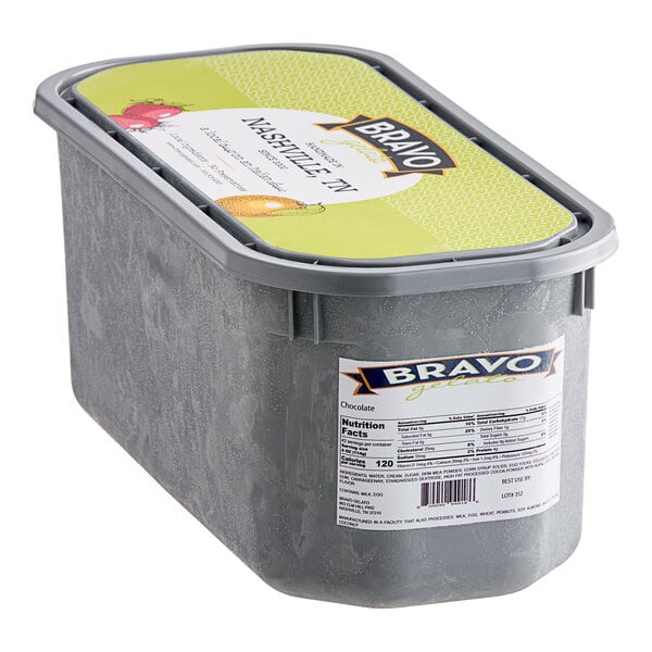 A 5 liter tub of Bravo Chocolate Gelato with a label.