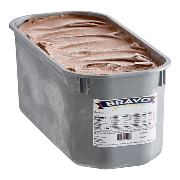 A white plastic tub of Bravo Chocolate Gelato.