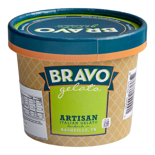 A container of Bravo Vanilla Bean Gelato with a white lid.