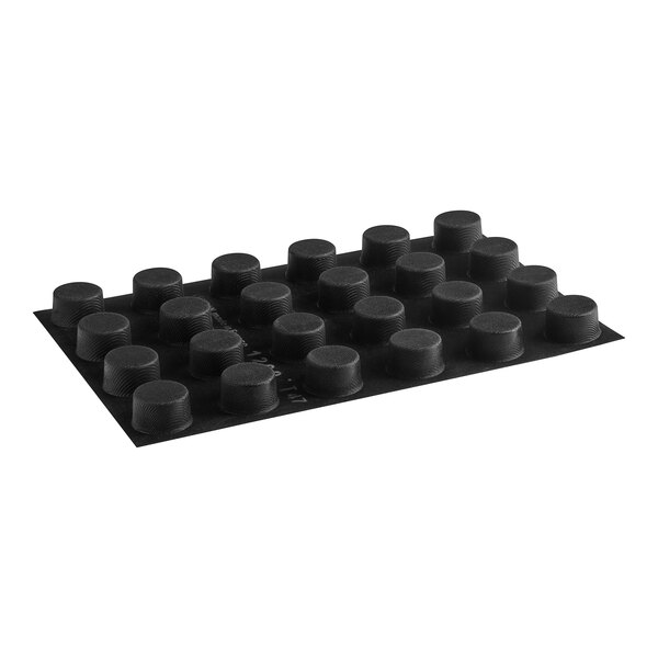 A black Sasa Demarle silicone mold tray with round black cavities.