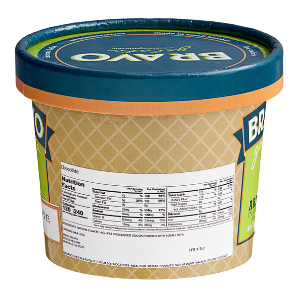 A container of Bravo Chocolate Gelato with labels on it.