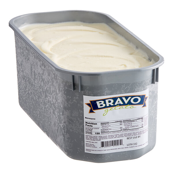 A white Bravo Mascarpone Gelato tub with a lid.