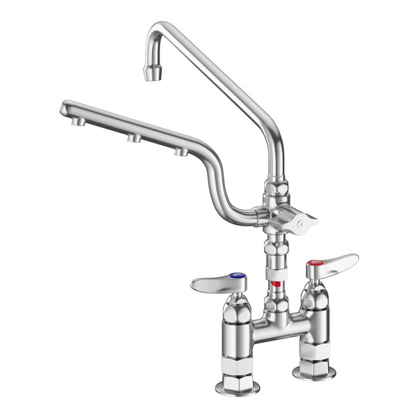 A commercial deck mount mixing faucet with a 12-inch swing nozzle and a 10-inch sprayer arm.
