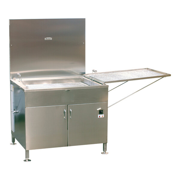 A Belshaw stainless steel natural gas flat bottom donut fryer on a stainless steel counter.