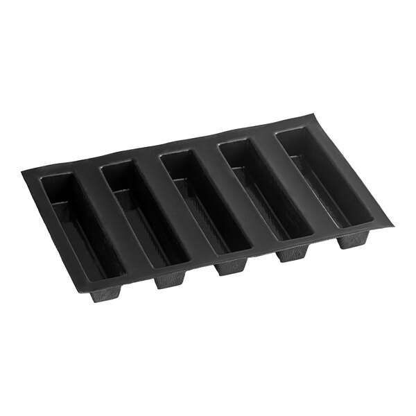 A black silicone baking tray with five long, narrow compartments.