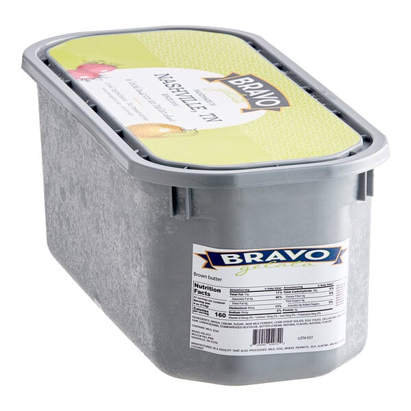 A 5 liter tub of Bravo Brown Butter gelato with a label.