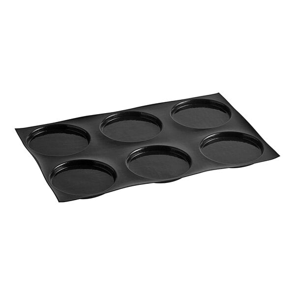 A black Sasa Demarle baking tray with six round circles.