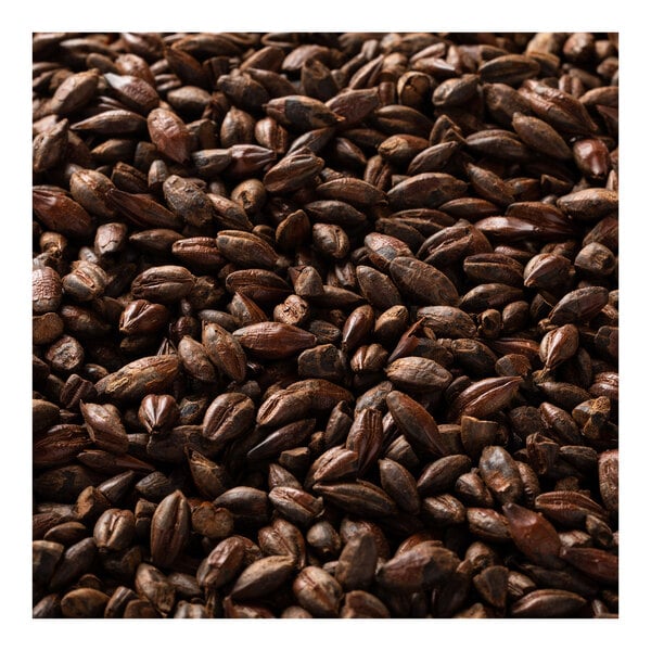 A pile of brown grains of Briess Roasted Barley Malt.
