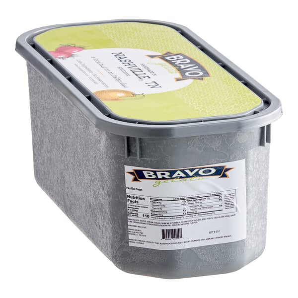 A white Bravo Vanilla Bean Gelato container with a lid and a label.