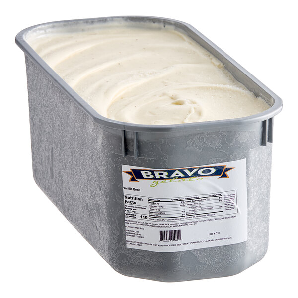 A white container of Bravo Vanilla Bean Gelato with a label.