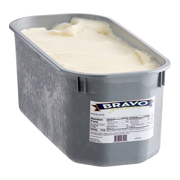 A Bravo Fior di Latte Gelato tub with a white lid and label.