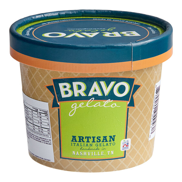 A Bravo Mint Chocolate Chip Gelato cup on a white background.