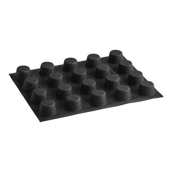 A black silicone Sasa Demarle mini muffin mold with round cavities.