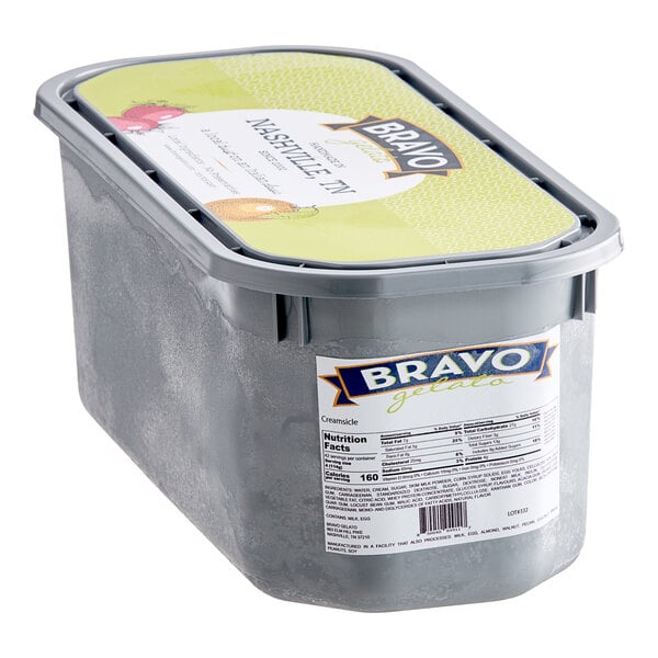 A Bravo Creamsicle gelato tub with a label.