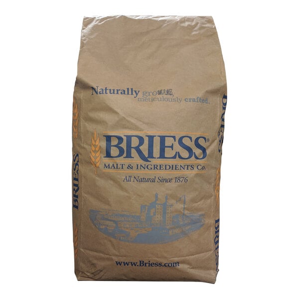 A brown bag of Briess Crushed Brewers Malt with blue text on a white background.