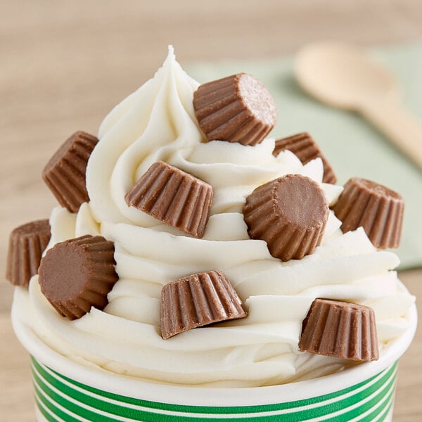 A cup of ice cream with chocolate peanut butter cups on top.